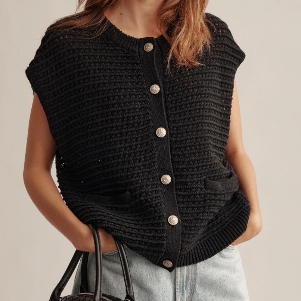 Anrabess Sleeveless Button Down Cardigan Sweater Vest Black M NWT